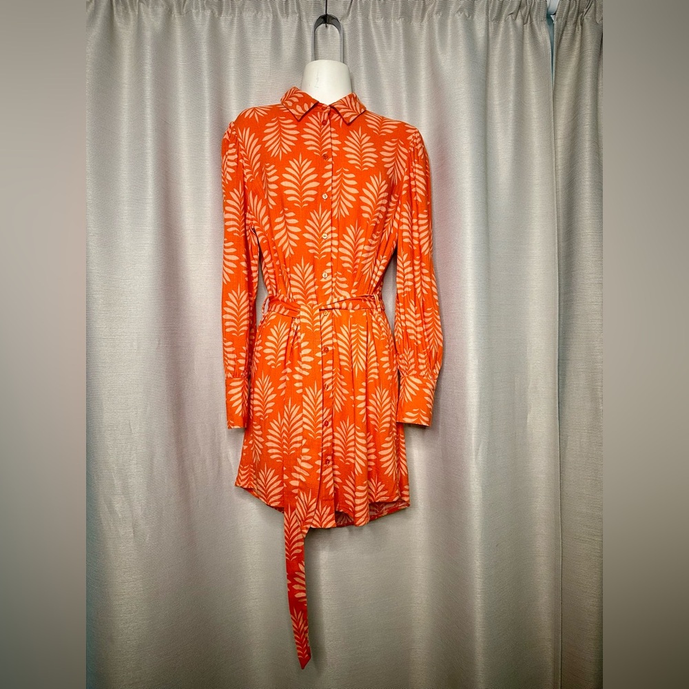 APRICOT Orange and Cream Leaf-Print Button-Down Dress